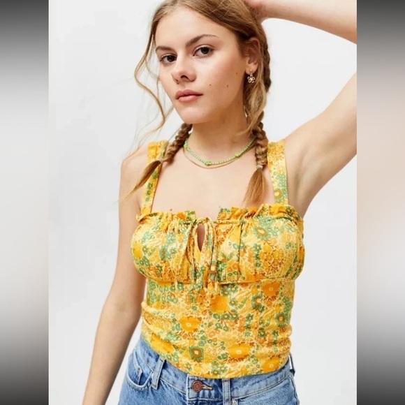 UO Valentina Cropped Bustier Tank Top Yellow Multi Size Small - Picture 1 of 15